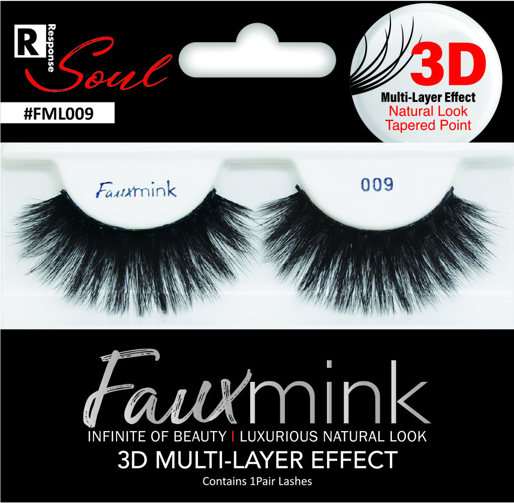 Black faux mink eyelashes with a multi-layer effect, featuring tapered points, packaged in a sleek black and white box labeled "Fauxmink" and "3D Multi-Layer Effect."