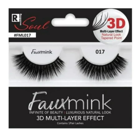 3D faux mink eyelashes in #FML017, featuring multi-layered, tapered points for a natural look, displayed on a black and white packaging with the brand name "Soul" and product details.