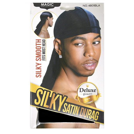 Black silky satin durag in packaging, featuring a model wearing it, highlighting its smooth texture and "Deluxe Quality" label.