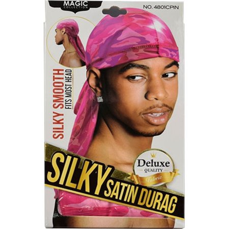 Silky satin durag in camo pink, featuring a smooth finish, designed to fit snugly on the head, with a model showcasing the product on the packaging.