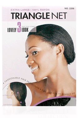 Extra large triangle net made of 100% rayon, featuring a sleek black design, ideal for hair protection, showcased with a model demonstrating its use.