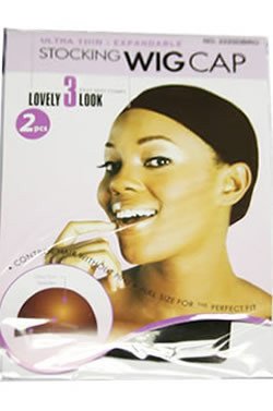 Dark brown ultra-thin expandable stocking wig cap package featuring a smiling model, with the text "Lovely 3 Look" and indicating 2 pieces included.