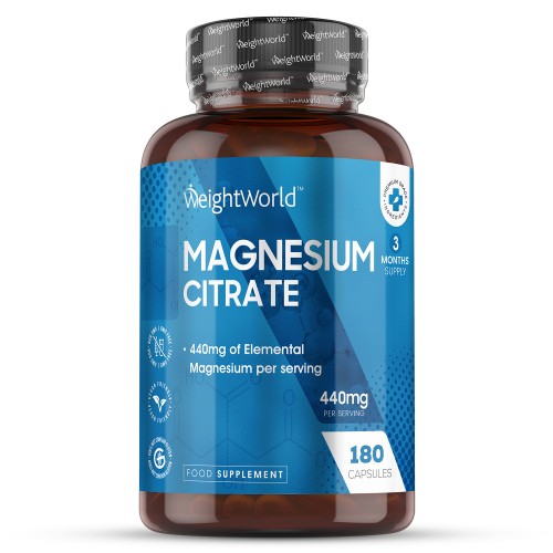Brown bottle with a blue and white label, featuring "WeightWorld Magnesium Citrate" text, indicating 440mg elemental magnesium per serving, containing 180 vegan capsules.