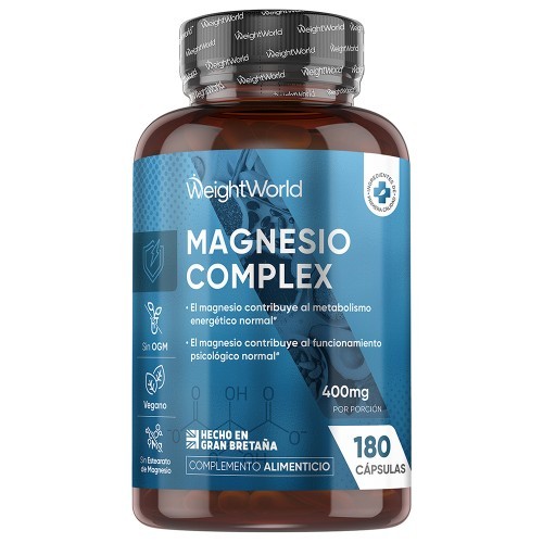 Brown plastic bottle with a blue label, containing 180 capsules of Magnesium Complex (4 in 1) by WeightWorld, highlighting vegan and non-GMO features.