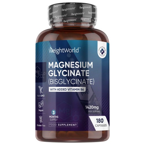 Brown plastic bottle containing 180 capsules of Magnesium Glycinate, featuring a dark blue and purple label with white text, highlighting benefits like energy support and muscle health.