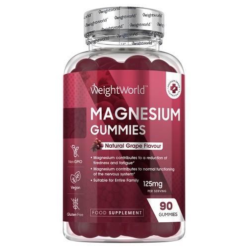 Clear plastic bottle containing 90 dark purple magnesium gummies, labeled "WeightWorld Magnesium Gummies" with natural grape flavor, highlighting 125mg per serving and gluten-free, vegan, non-GMO features.