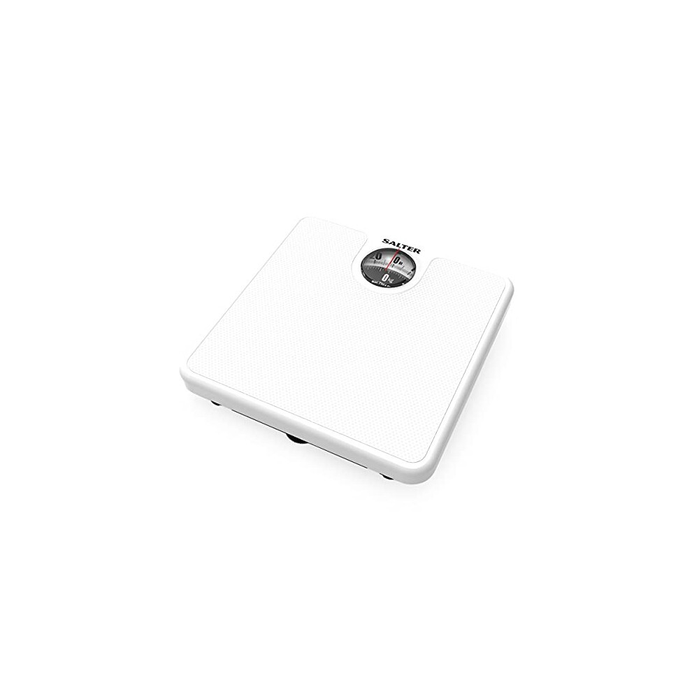 White mechanical bathroom scale with a classic design, featuring an easy-to-read display and magnifying lens, capable of weighing up to 133kg.