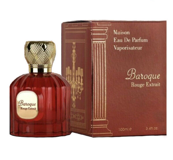 Red glass perfume bottle with a textured design and gold cap, accompanied by a matching red box featuring elegant gold lettering and a chandelier graphic.