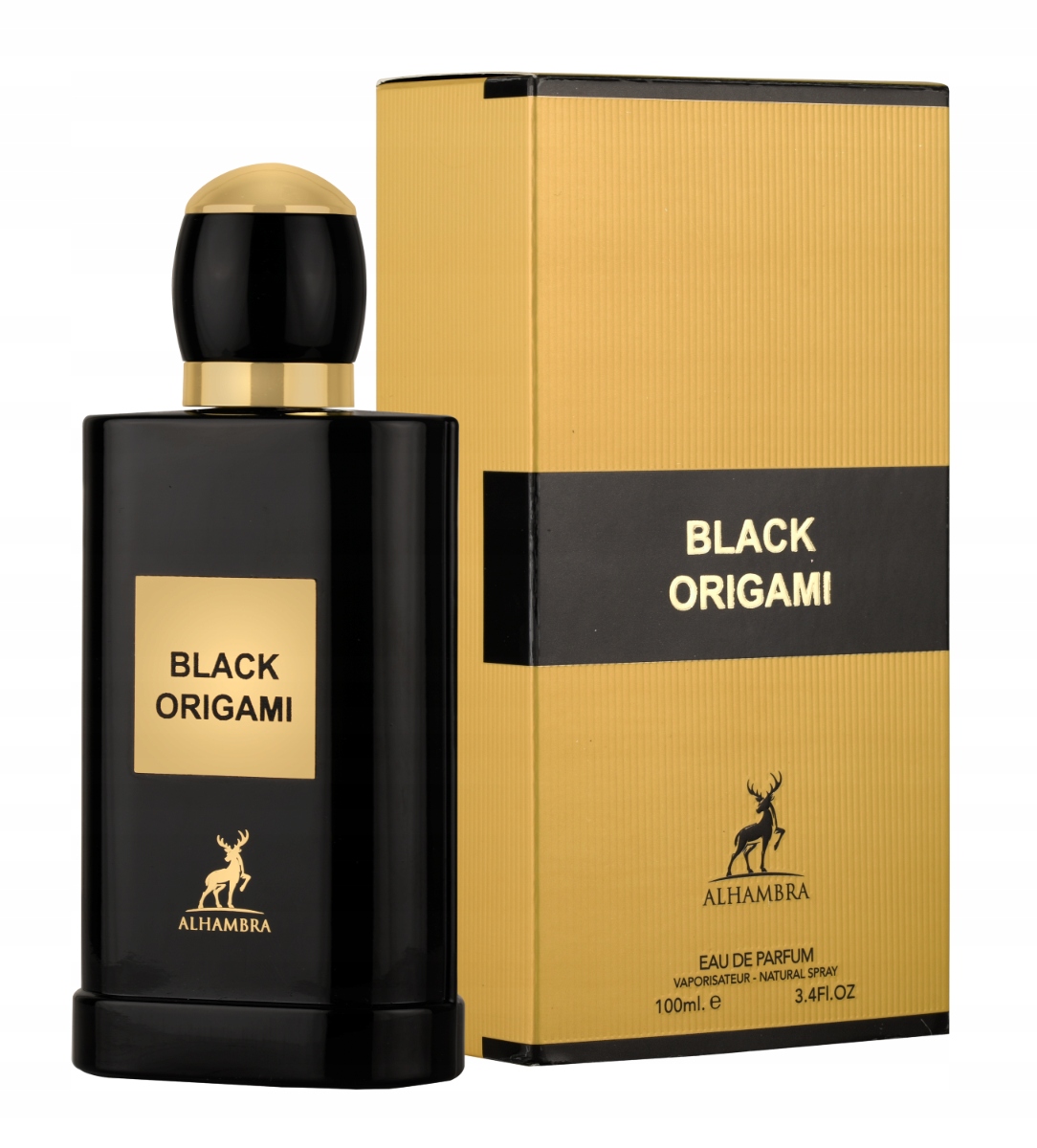 Black Origami Eau de Parfum spray in a sleek black glass bottle with a gold cap, accompanied by a matching gold and black box, both featuring the Maison Alhambra logo.