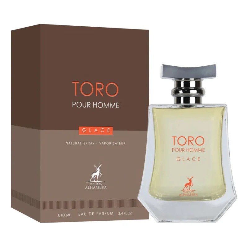 Clear glass bottle with a faceted design, featuring a silver cap and a light yellow fragrance, alongside a brown box labeled "TORO POUR HOMME GLACE" in bold orange text.
