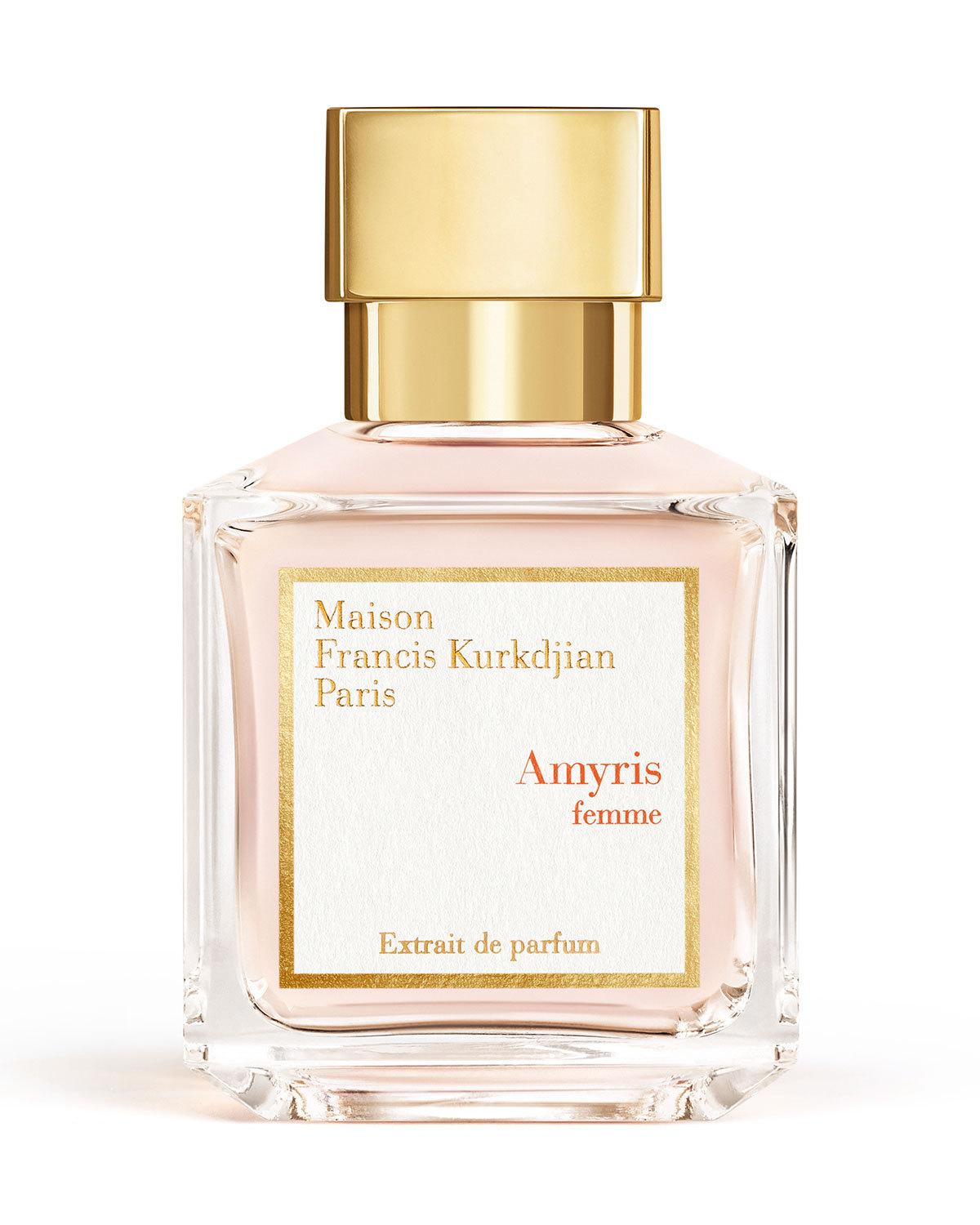 Clear glass bottle with a gold cap, featuring a white label that reads "Maison Francis Kurkdjian Paris Amyris femme Extrait de parfum" in elegant typography.