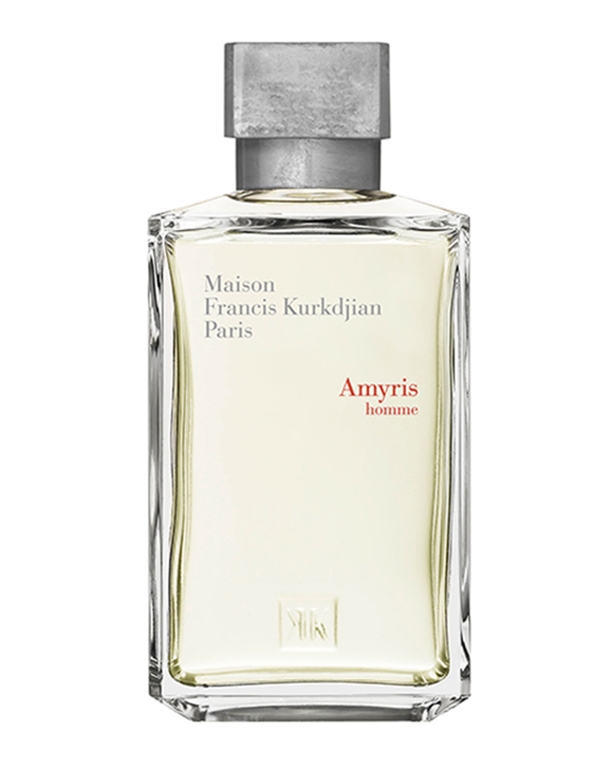 Clear glass bottle with a sleek design, featuring a silver cap and minimalist label that reads "Maison Francis Kurkdjian Amyris homme" in elegant font.