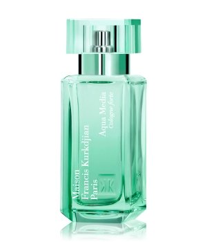 Clear glass bottle with a light green tint, featuring a geometric design and a square cap, labeled "Maison Francis Kurkdjian Aqua Media Cologne Forte" in elegant white text.