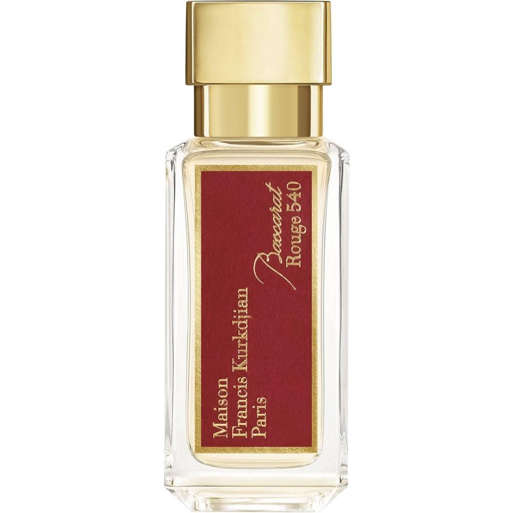 Clear glass bottle with a gold cap, featuring a deep red label that reads "Maison Francis Kurkdjian Baccarat Rouge 540 Eau De Parfum 1.2 Oz" in elegant white text.