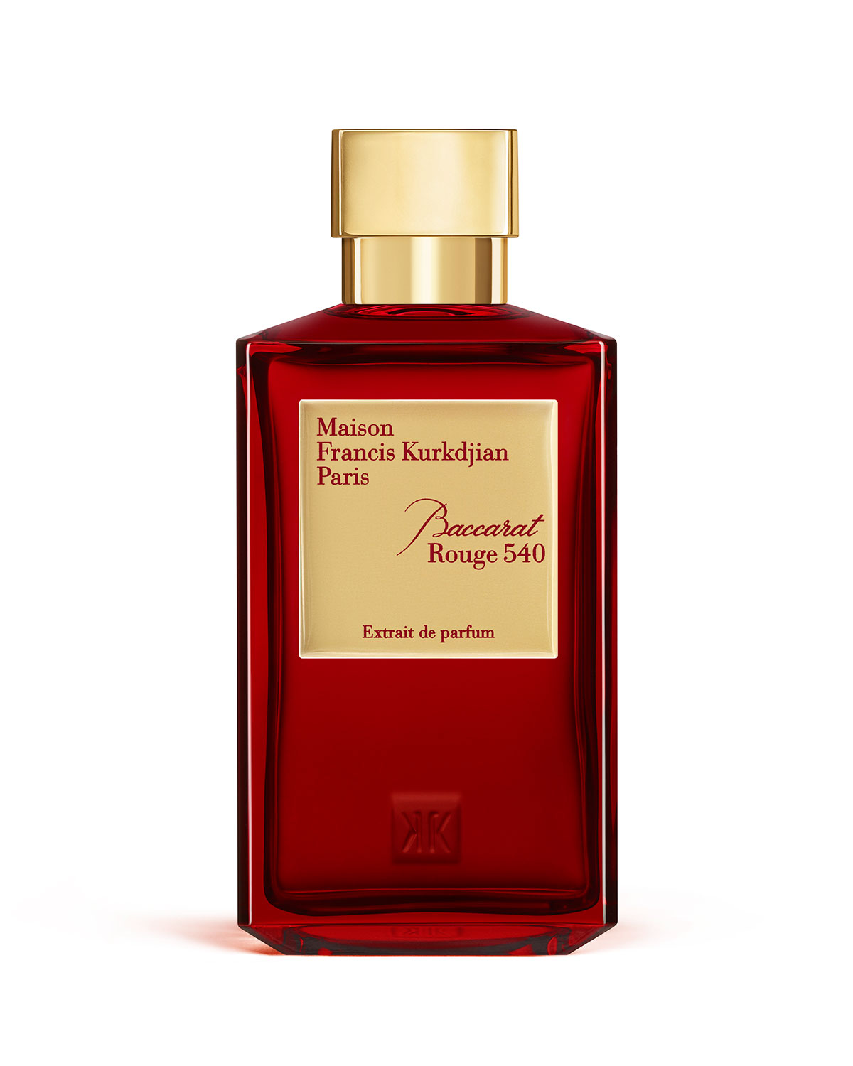 Red glass bottle with a gold cap, featuring a cream label that reads "Maison Francis Kurkdjian Baccarat Rouge 540 Extrait de Parfum" in elegant font.