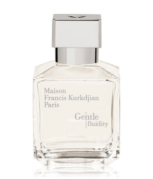 Clear glass bottle with a square shape, silver cap, and minimalist label displaying "Maison Francis Kurkdjian Gentle Fluidity Silver" in elegant font.