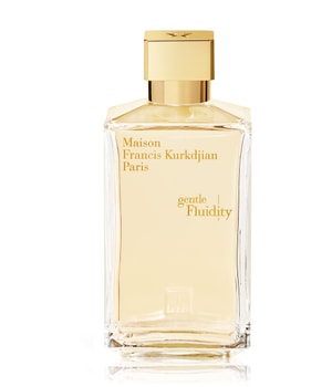 Clear glass bottle with a gold cap, featuring a minimalist design and embossed text reading "Maison Francis Kurkdjian Gentle Fluidity Gold" in elegant font.
