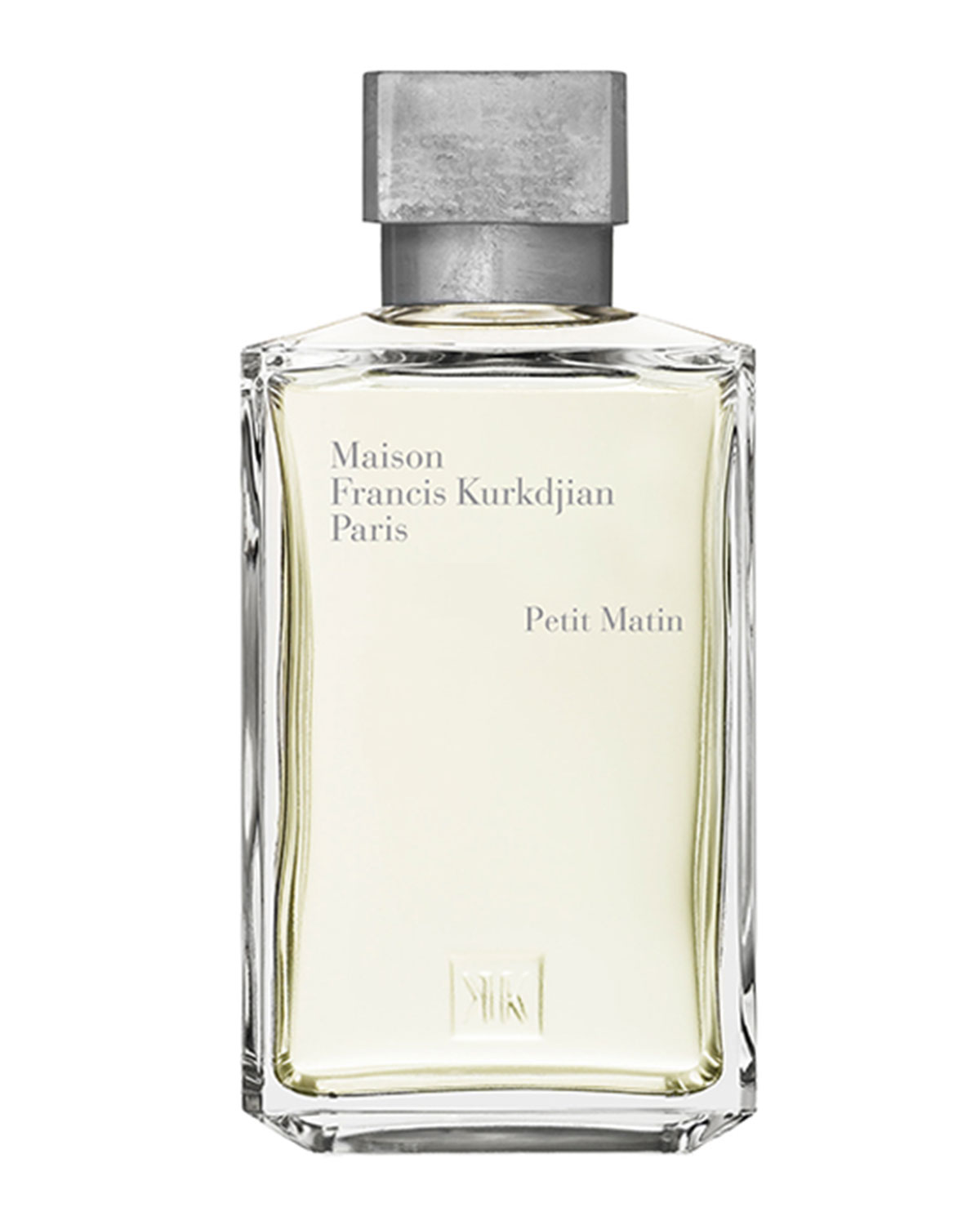 Clear glass bottle of Maison Francis Kurkdjian Petit Matin Eau De Parfum Spray, featuring a silver cap and minimalist label with text in black, containing 200ml of fragrance.