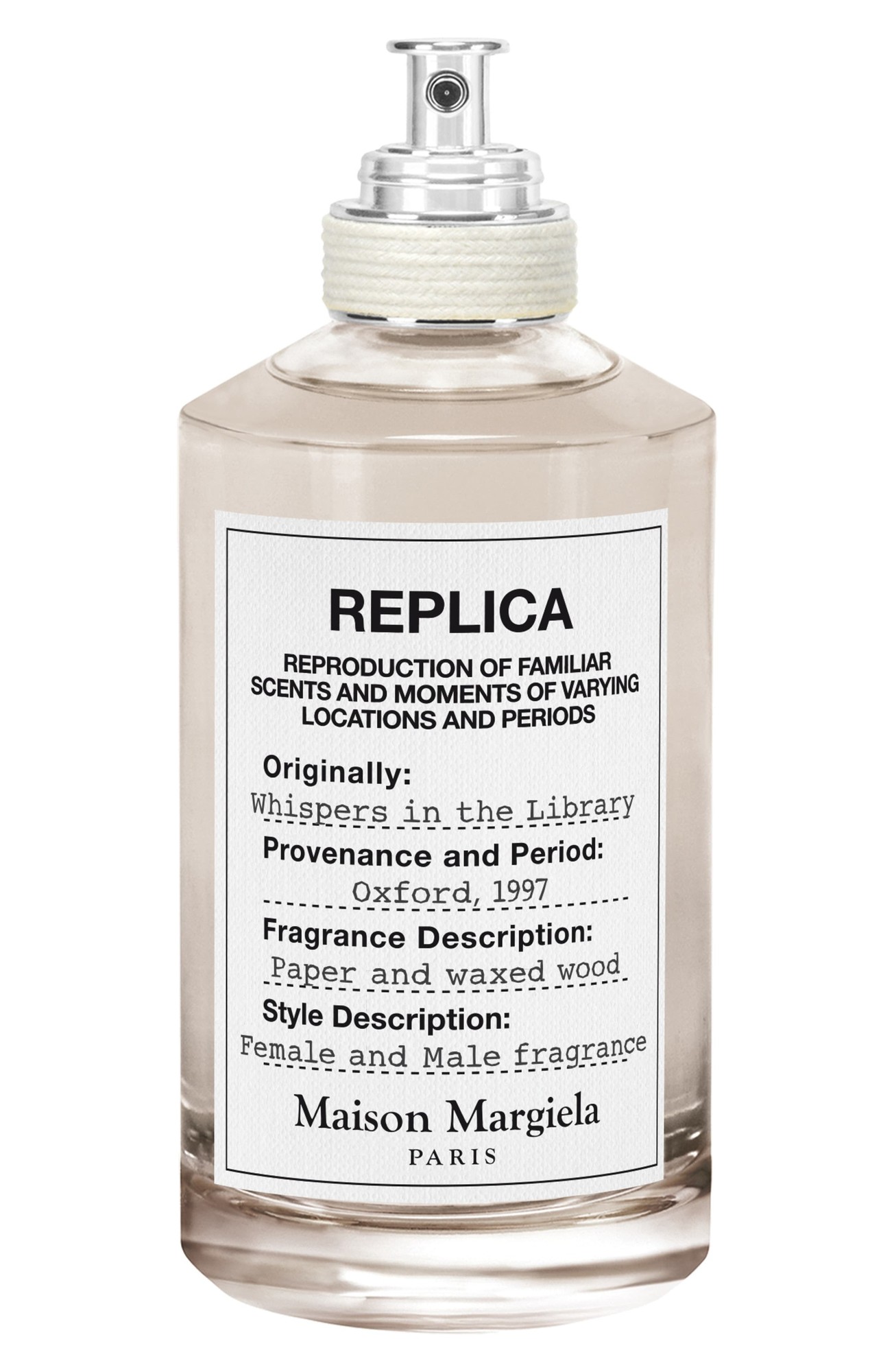Clear glass bottle with a silver spray nozzle, featuring a white label detailing "Whispers in the Library" fragrance, set against a soft beige liquid inside.