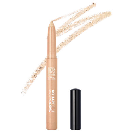 Aqua Resist Smoky Shadow color stick in a sleek gold tube with a black cap, featuring a creamy, waterproof formula ideal for eyes, lips, and cheeks, alongside shimmering swatches.