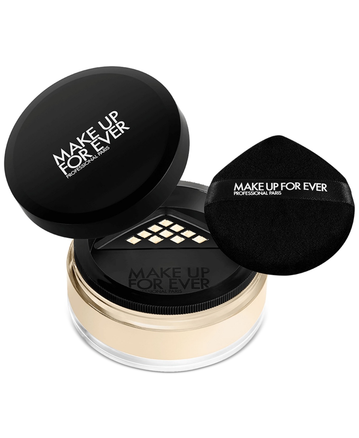 Black and gold circular container of MAKE UP FOR EVER HD Skin Setting Powder, with a clear base and a black puff applicator resting on top, showcasing a sleek, professional design.