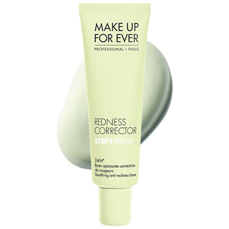 Light green tube of MAKE UP FOR EVER Step 1 Primer Color Corrector labeled "Redness Corrector," featuring a smooth, matte finish and a flip-top cap.