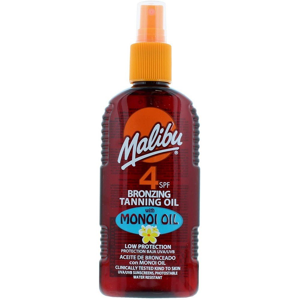 Malibu Bronzing Tanning Oil Spray in a dark amber bottle with an orange logo, featuring a spray nozzle, labeled SPF 4, enriched with Monoi oil, 200ml size.