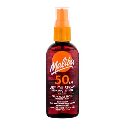 Malibu Sun Dry Oil Spray 100ml features a transparent amber bottle with an orange spray nozzle, labeled with "Malibu" and "SPF 50" in bold white and orange text.