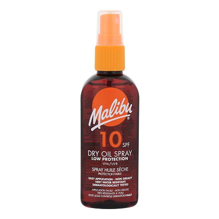 Malibu Dry Oil Spray in a 100ml amber bottle features an orange spray nozzle, labeled with "10 SPF" and "Low Protection," emphasizing its water-resistant formula.