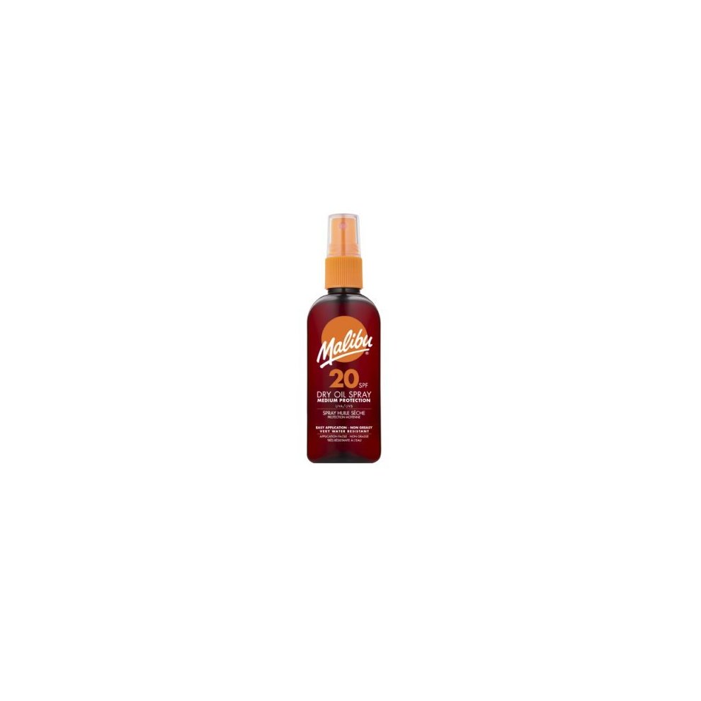 Malibu Dry Oil Spray SPF20 in a brown bottle with an orange spray nozzle, featuring bold white and red text on the label, 100ml size.