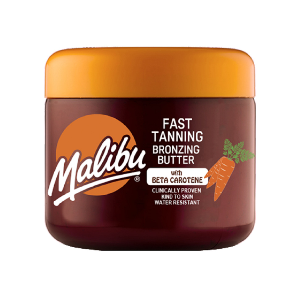 Brown jar of Malibu Bronzing Butter with an orange lid, featuring a carrot graphic and text highlighting fast tanning and beta carotene, 300 ml size.