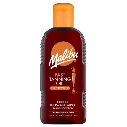Malibu Fast Tanning Oil in a dark brown plastic bottle with an orange cap, featuring a white logo and a carrot icon, 200 ml size, designed for quick tanning.