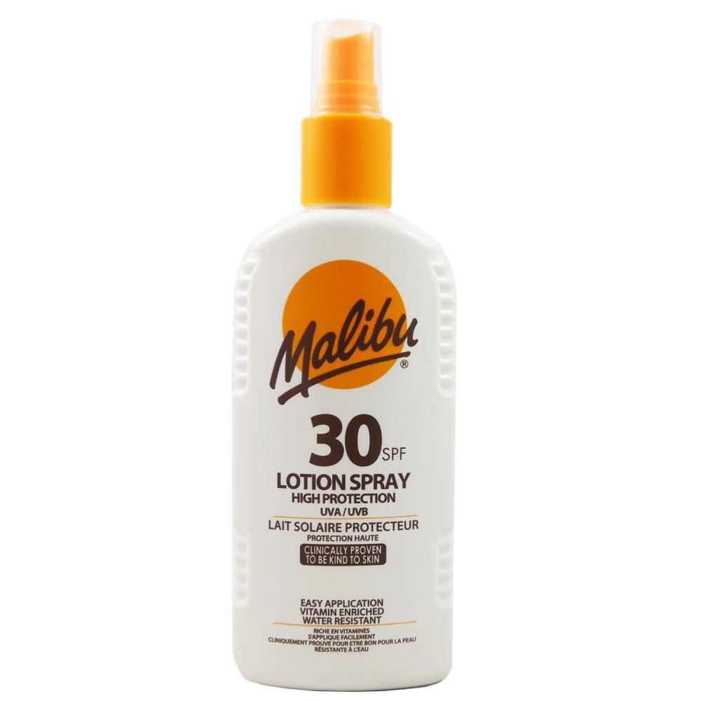 White plastic bottle with an orange spray nozzle, labeled "Malibu 30 SPF Lotion Spray," featuring sun protection details and a water-resistant claim.