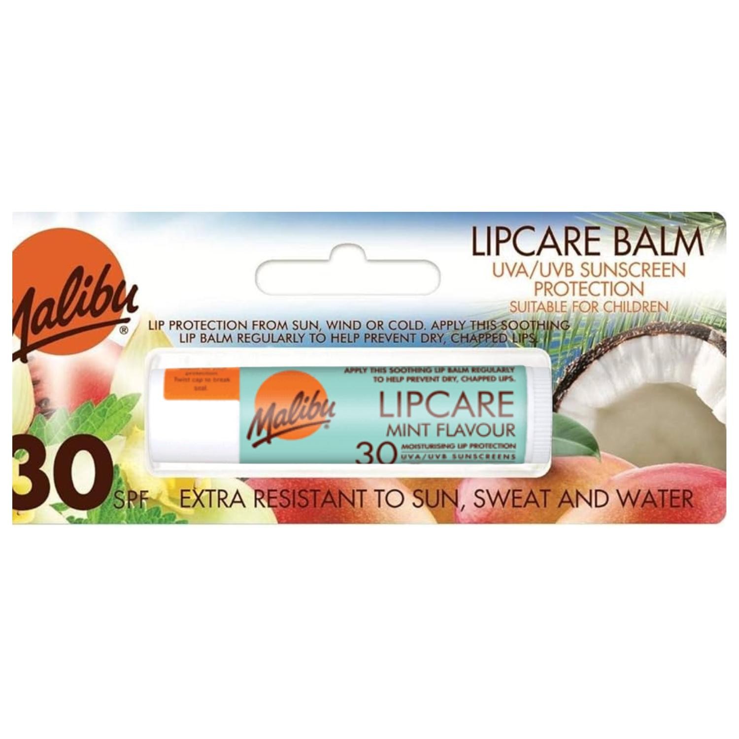 Malibu Lip Care Lip Balm in a mint flavor, 4g tube with SPF 30 protection, featuring a vibrant packaging design with a tropical fruit background and clear labeling.