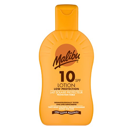Bright yellow bottle of Malibu Protective Sun Lotion with SPF 10, featuring a flip-top cap and the brand name prominently displayed in orange. Very water-resistant formula.