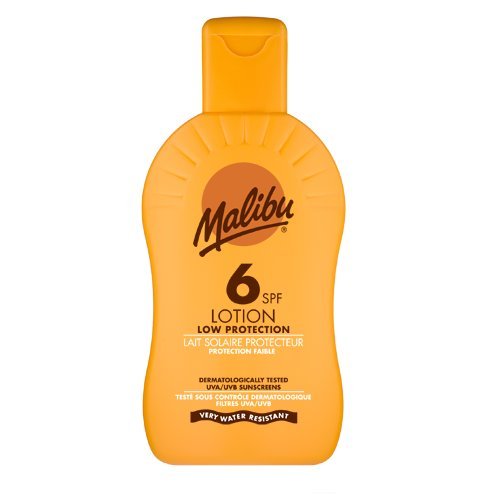 Bright yellow bottle of Malibu Protective Sun Lotion, 200 ml, featuring SPF 6, with a sun graphic and "Low Protection" label, designed for very water-resistant use.