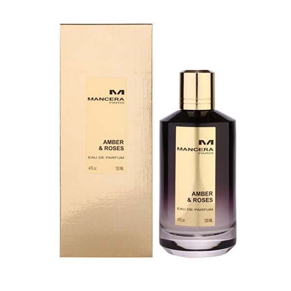 Amber & Roses Eau De Parfum by Mancera features a sleek, dark glass bottle with a gold label, set against a gold box, exuding elegance and sophistication.