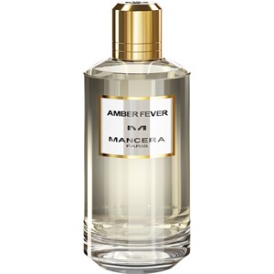 Transparent glass bottle of Mancera Amber Fever EDP, featuring a gold cap and label with black lettering, containing 120ml of a light amber liquid.