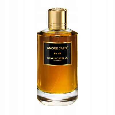 Clear glass bottle with a gold cap, featuring a black label that reads "AMORE CAFFÈ" and "MANCERA PARIS," filled with amber-colored perfume.