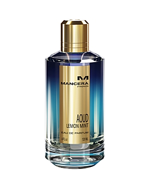 Clear glass bottle with a gradient blue to transparent design, gold accents, and a gold cap, labeled "Aoud Lemon Mint" in bold black text, containing 4 oz of unisex eau de parfum.