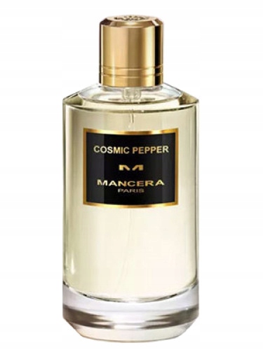 Clear glass bottle of Mancera Cosmic Pepper EDP with a gold cap, featuring a black label with gold text, showcasing a sleek and elegant design.