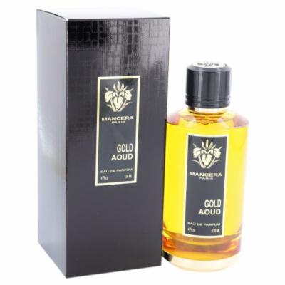 Clear glass bottle with a black cap and gold label, featuring "Mancera Gold Aoud" in bold letters, alongside a sleek black box with a textured finish.
