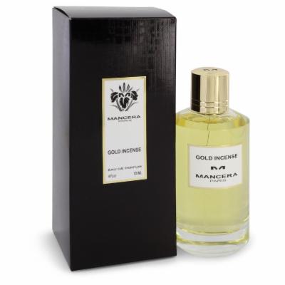 Mancera Gold Incense perfume in a clear glass bottle with a gold cap, placed beside a sleek black box featuring a white label and logo, showcasing a luxurious unisex fragrance.