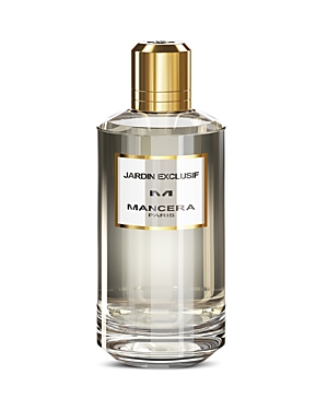 Clear glass bottle with a gold cap, featuring a white label that reads "JARDIN EXCLUSIF" and "MANCERA PARIS," containing 4 oz of Eau De Parfum.