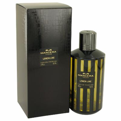 Black cylindrical bottle with gold stripes, featuring a black cap, alongside a matching black box, labeled "Lemon Line" Eau De Parfum Spray for Unisex, 4 Oz.