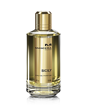 Transparent glass bottle with a gold cap, featuring a sleek design and labeled "SICILY" in bold black letters, containing 4 oz of unisex Eau de Parfum.