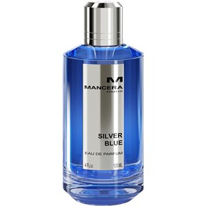 Clear glass bottle with a sleek design, featuring a silver cap and a prominent silver label that reads "Mancera Silver Blue EDP" in bold letters, holding 120 ml of vibrant blue liquid.