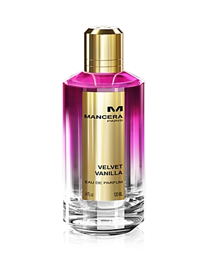 Clear glass bottle with a gradient from pink to clear, featuring a gold cap and label that reads "Mancera Velvet Vanilla" in elegant black font; 4.0 oz Eau De Parfum spray.