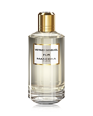 Clear glass bottle with a gold cap, featuring a white label with black text, containing Mancera Paris Vetiver Sensuel Eau De Parfum, 120ml.