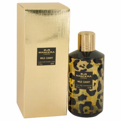 Gold and black bottle of Mancera's Wild Candy Eau De Parfum, featuring a leopard print design, alongside a matching gold box, both exuding a luxurious aesthetic.